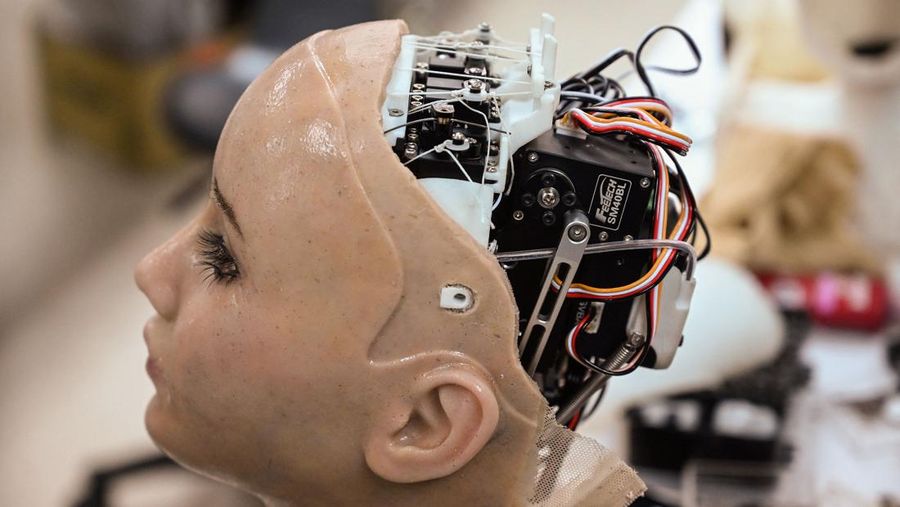 Pekerja merakit robot Sophia di Hanson Robotics, Hongkong. (Photo by PETER PARKS/AFP via Getty Images)