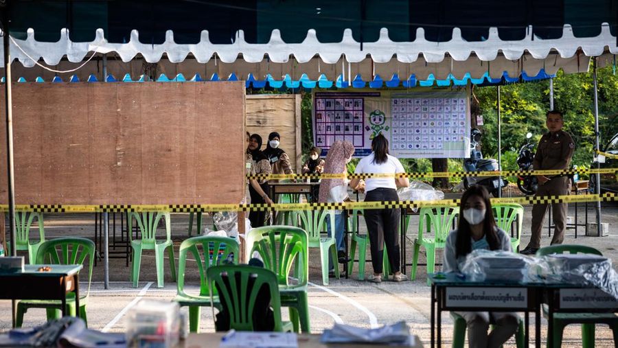 Voters cast their ballots in the Khan Na Yao area in Bangkok, Thailand, on Sunday, May 14, 2023. A record number of Thais are projected to go to the ballot boxes in Sunday's parliamentary election as voters decide if they'll shift leadership away from almost a decade of military-backed rule. More than 50 million Thais are eligible to vote, and the Election Commission expects an 80% turnout. Photographer: Andre Malerba/Bloomberg via Getty Images