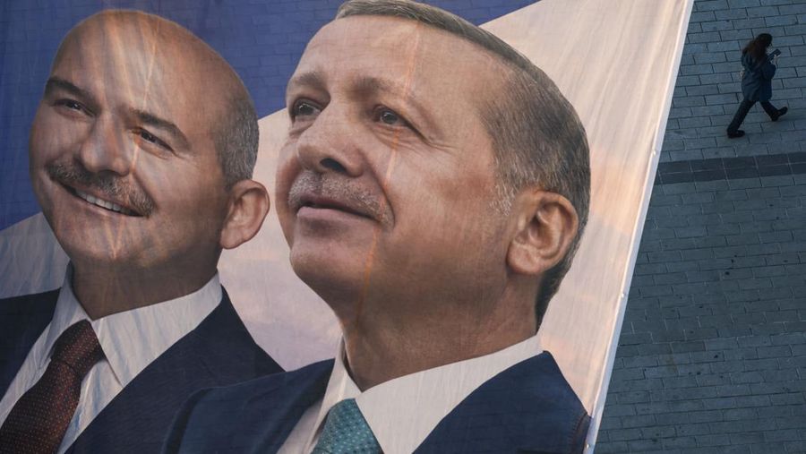 ISTANBUL, TURKEY - MAY 13: Flags fly over Taksim Square showing Turkey's President Recep Tayyip Erdogan and CHP presidential candidate, Kemal Kilicdaroglu on May 13, 2023 in Istanbul, Turkey. On May 14th, President Recep Tayyip Erdogan will face his biggest electoral test as the country goes to the polls in the country's general election. Erdogan has been in power for more than two decades -- first as prime minister, then as president -- but his popularity has recently taken a hit due to Turkey's ongoing economic crisis and his government's response to a series of devastating earthquakes. Meanwhile, the political opposition has united around one candidate, Kemal Kilicdaroglu, with some polls giving him an edge. (Photo by Jeff J Mitchell/Getty Images)