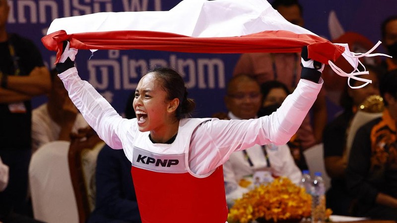 Chroy Changvar Convention Center Hall F, Phnom Penh, Kamboja - 15 Mei 2023 Tamesti Megawati dari Indonesia bereaksi selama putaran final. (REUTERS/Kim Kyung-Hoon)