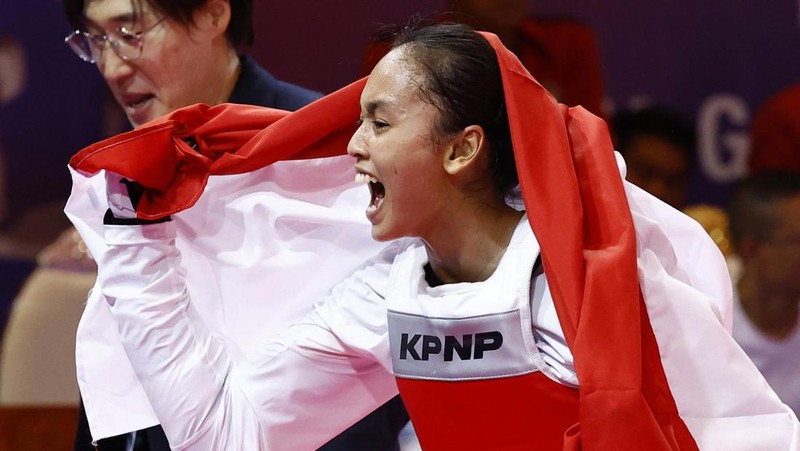 Chroy Changvar Convention Center Hall F, Phnom Penh, Kamboja - 15 Mei 2023 Tamesti Megawati dari Indonesia bereaksi selama putaran final. (REUTERS/Kim Kyung-Hoon)