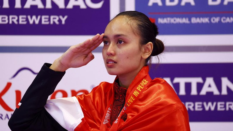 Chroy Changvar Convention Center Hall F, Phnom Penh, Kamboja - 15 Mei 2023 Tamesti Megawati dari Indonesia bereaksi selama putaran final. (REUTERS/Kim Kyung-Hoon)