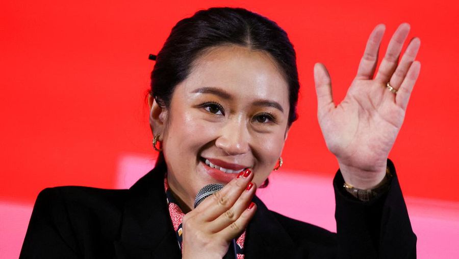 Pheu Thai's prime ministerial candidate, Paetongtarn Shinawatra, daughter of former Prime Minister Thaksin Shinawatra, speaks to the media, after the polling stations closed, on the day of the general elections in Bangkok, Thailand, May 14, 2023. REUTERS/Athit Perawongmetha TPX IMAGES OF THE DAY