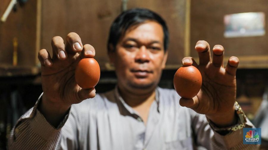 Penjual menata telur ayam di Pasar Tebet, Jakarta Selatan, Selasa (16/5/2023). (CNBC Indonesia/Faisal Rahman)