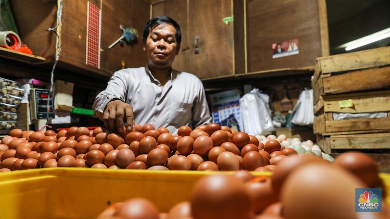 Penjual menata telur ayam di Pasar Tebet, Jakarta Selatan, Selasa (16/5/2023). (CNBC Indonesia/Faisal Rahman)
