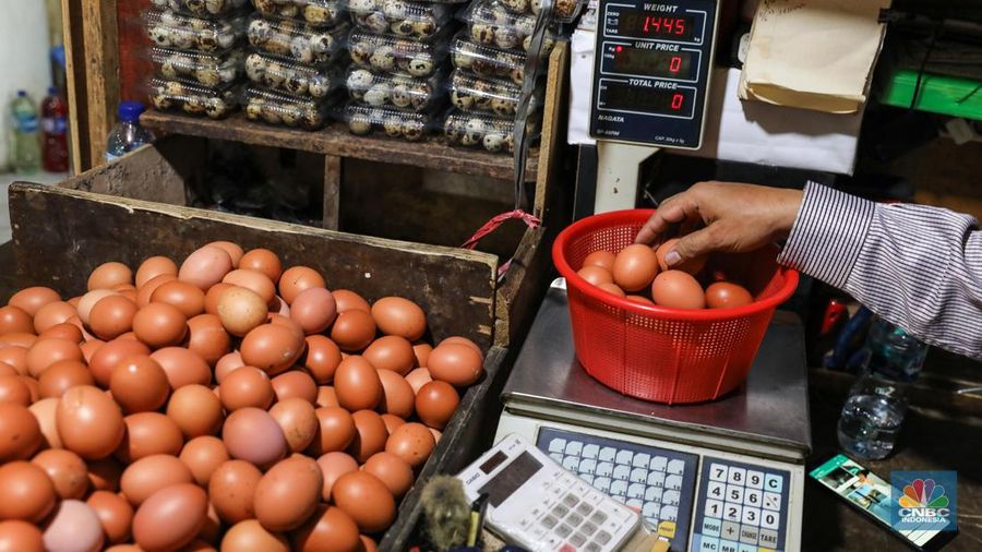 Penjual menata telur ayam di Pasar Tebet, Jakarta Selatan, Selasa (16/5/2023). (CNBC Indonesia/Faisal Rahman)