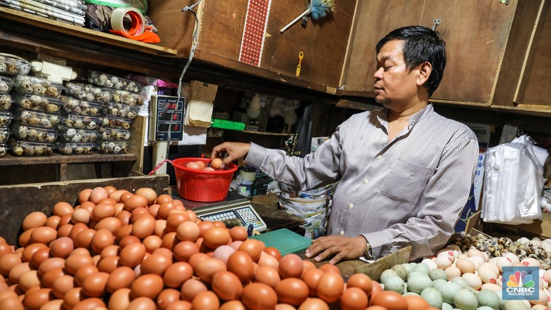 Penjual menata telur ayam di Pasar Tebet, Jakarta Selatan, Selasa (16/5/2023). Penjual menata telur ayam di Pasar Tebet, Jakarta Selatan, Selasa (16/5/2023). (CNBC Indonesia/Faisal Rahman)