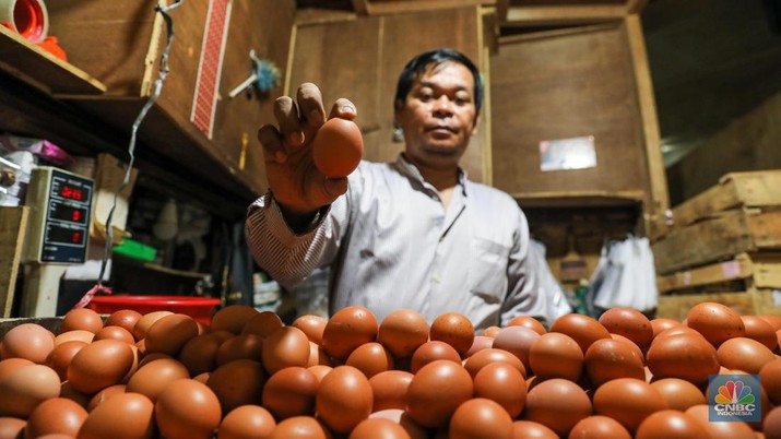 Penjual menata telur ayam di Pasar Tebet, Jakarta Selatan, Selasa (16/5/2023). (CNBC Indonesia/Faisal Rahman)