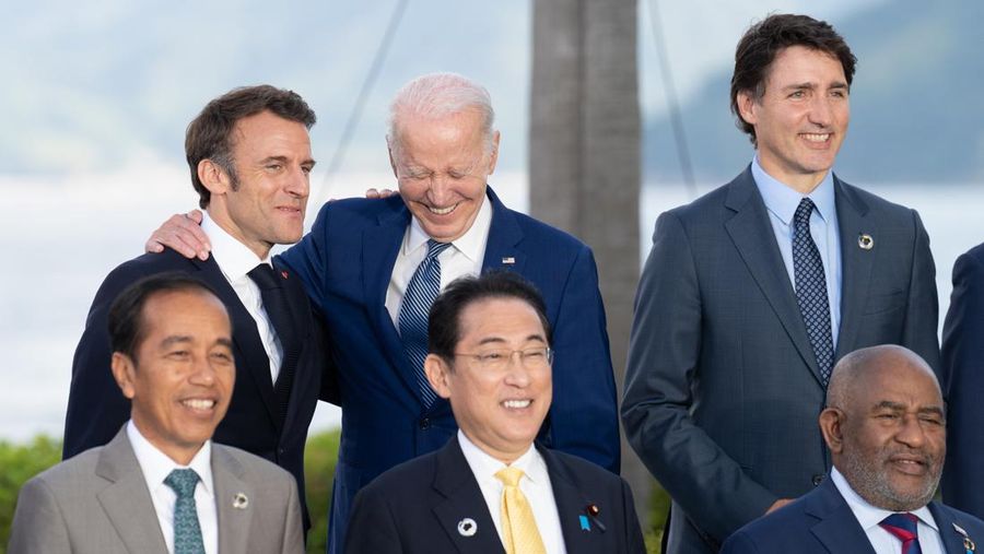 HIROSHIMA, JAPAN - MAY 20: (Left to Right, Back Row) French President, Emmanuel Macron, United States President, Joe Biden, Canada's Prime Minister, Justin Trudeau, (Left to Right Front Row) Indonesia's President, Joko Widodo, Japan's Prime Minister, Fumio Kishida and Comoros President, Azali Assoumani at a family photo at the Grand Prince Hotel in Hiroshima during the G7 Summit on May 20, 2023 in Hiroshima, Japan. (Photo by Stefan Rousseau - WPA Pool/Getty Images)