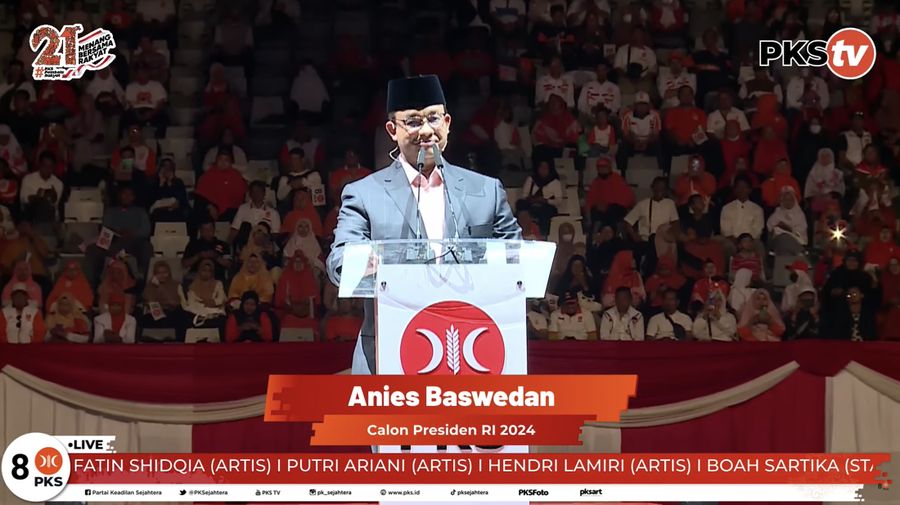 Calon Presiden RI 2024 Anies Baswedan dalam Puncak MILAD KE-21 PKS. (Tangkapan Layar Youtube PKSTV)