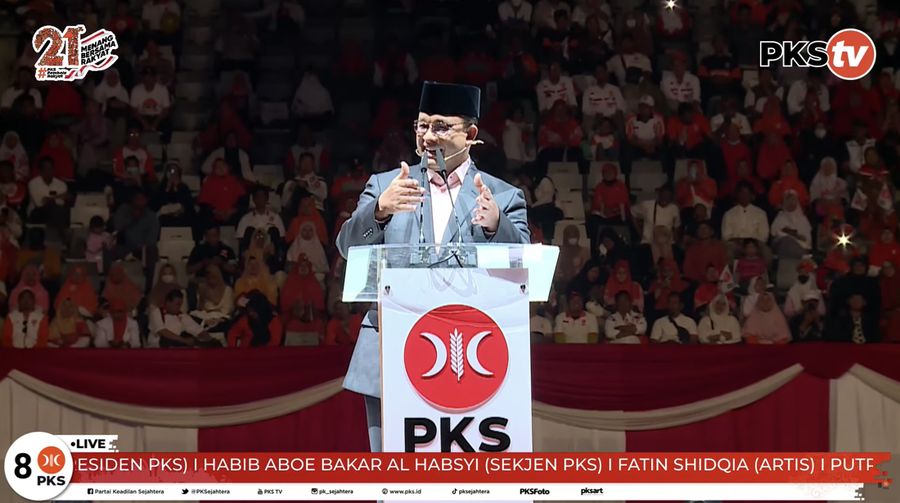 Calon Presiden RI 2024 Anies Baswedan dalam Puncak MILAD KE-21 PKS. (Tangkapan Layar Youtube PKSTV)