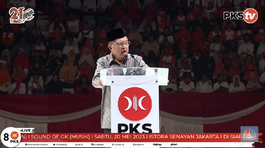 Wakil Presiden Ke-10 dan ke-12 RI Jusuf Kalla dalam Puncak MILAD KE-21 PKS. (Tangkapan Layar Youtube PKSTV)