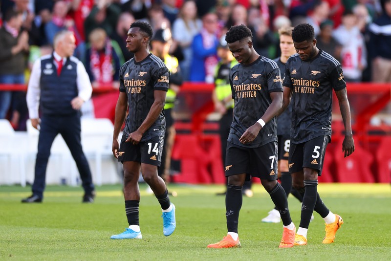 Eddie Nketiah dari Arsenal terlihat sedih menyusul kekalahan tim selama pertandingan Liga Premier antara Nottingham Forest dan Arsenal FC di City Ground pada 20 Mei 2023 di Nottingham, Inggris. Eddie Nketiah dari Arsenal terlihat sedih menyusul kekalahan tim selama pertandingan Liga Premier antara Nottingham Forest dan Arsenal FC di City Ground pada 20 Mei 2023 di Nottingham, Inggris. (Clive Mason/Getty Images)