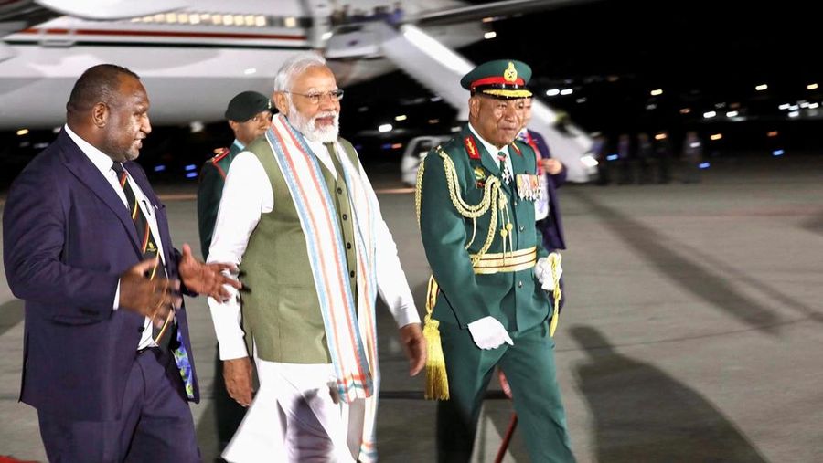 India's Prime Minister Narendra Modi is greeted by Papua New Guinea's Prime Minister James Marape  at Jackson International Airport, at Papua New Guinea May 21, 2023.  Papua New Guinea government/Handout via REUTERS    THIS IMAGE HAS BEEN SUPPLIED BY A THIRD PARTY NO RESALES. NO ARCHIVES