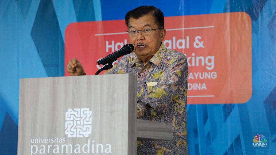 Ketua Dewan Pembina Yayasan Wakaf Paramadina Dr. (HC) Drs. H.M. Jusuf Kalla dalam acara pembangunan Gedung A Universitas Paramadina Kampus Cipayung, Jakarta Timur, Selasa (23/5/2023). (CNBC Indonesia/Faisal Rahman)