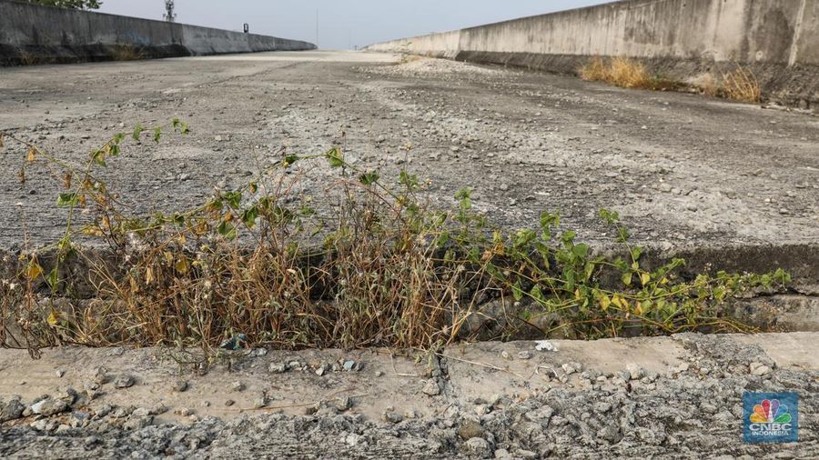 Kondisi pembangunan Jalan Layang Non Tol (JLNT) yang mangkrak di kawasan Pluit, Jakarta Utara, Kamis (25/5/2023). (CNBC Indonesia/Faisal Rahman)