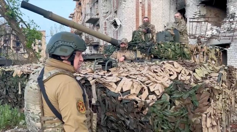 Founder of Wagner private mercenary group Yevgeny Prigozhin talks to Wagner fighters in the course of Russia-Ukraine conflict in Bakhmut, Ukraine, in this still image taken from video released May 25, 2023. Press service of 