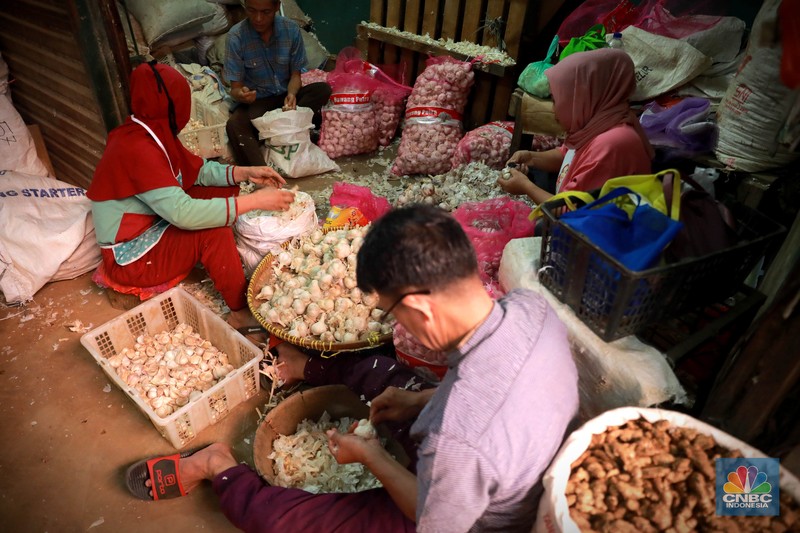 Penjualan bawang putih di pasar Kramat Jati, Jakarta, Senin (29/5/2023). Penjualan bawang putih di pasar Kramat Jati, Jakarta, Senin (29/5/2023). (CNBC Indonesia/Muhammad Sabki)