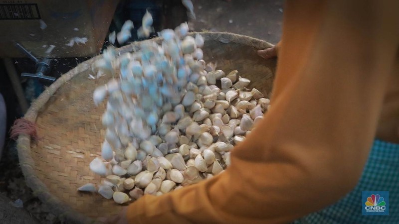 Penjualan bawang putih di pasar Kramat Jati, Jakarta, Senin (29/5/2023). (CNBC Indonesia/Muhammad Sabki)