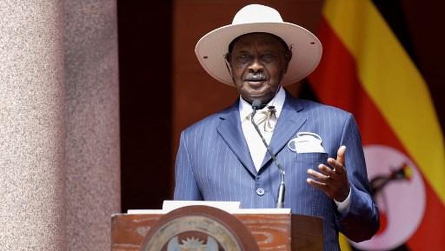 Ugandan President Yoweri Museveni speaks during a press conference after a meeting with South African President Cyril Ramaphosa (not seen) at the Union Buildings in Pretoria on February 28, 2023. (Photo by GUILLEM SARTORIO / AFP)
