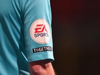BOLTON, ENGLAND - JANUARY 10: A general view of the EA Sports and Together badges on the assistant referees arm during the Papa John's Trophy Quarter Final match between Bolton Wanderers and Portsmouth at University of Bolton Stadium on January 10, 2