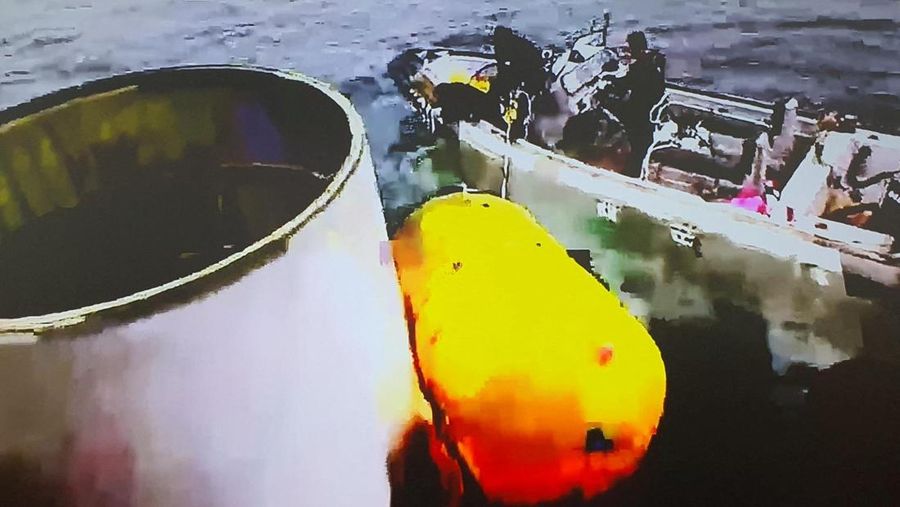 A handout picture shows what is believed to be a part of a space launch vehicle that North Korea said crashed into the sea off the west coast of the divided peninsula, South Korea, May 31, 2023.   The Defense Ministry/Handout via REUTERS   ATTENTION EDITORS - THIS IMAGE HAS BEEN SUPPLIED BY A THIRD PARTY.