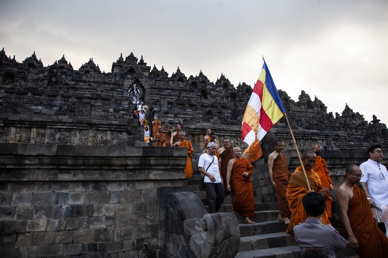 1258353594 Buddhist Monks from are arrive at Borobudur temple in Magelang, Central Java, on June 1, 2023. 32 buddhist monks from Thailand, Malaysia and Indonesia who made a religious journey of more than 2,000 Km (International Thuddong), from Thailand to Indonesia, finished their journey at Borobudur Temple, to further celebrate Vesak Day on June 4. (Photo by Aditya Irawan/NurPhoto via Getty Images)