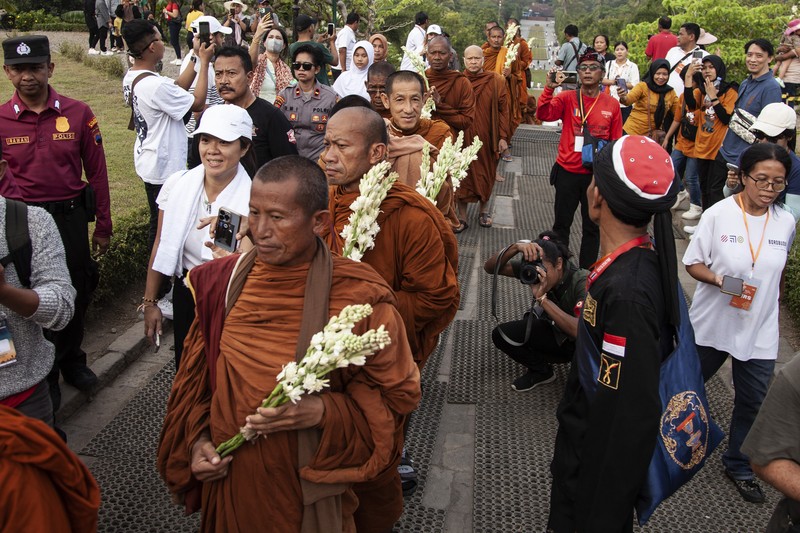 1258353594 Buddhist Monks from are arrive at Borobudur temple in Magelang, Central Java, on June 1, 2023. 32 buddhist monks from Thailand, Malaysia and Indonesia who made a religious journey of more than 2,000 Km (International Thuddong), from Thailand to Indonesia, finished their journey at Borobudur Temple, to further celebrate Vesak Day on June 4. (Photo by Aditya Irawan/NurPhoto via Getty Images)