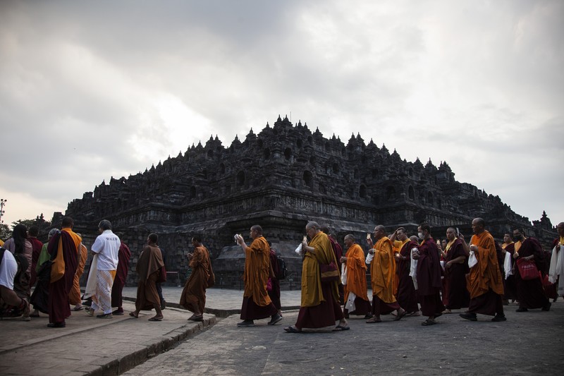 1258353594 Buddhist Monks from are arrive at Borobudur temple in Magelang, Central Java, on June 1, 2023. 32 buddhist monks from Thailand, Malaysia and Indonesia who made a religious journey of more than 2,000 Km (International Thuddong), from Thailand to Indonesia, finished their journey at Borobudur Temple, to further celebrate Vesak Day on June 4. (Photo by Aditya Irawan/NurPhoto via Getty Images)