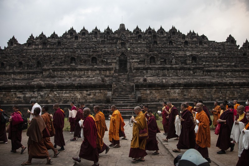 1258353594 Buddhist Monks from are arrive at Borobudur temple in Magelang, Central Java, on June 1, 2023. 32 buddhist monks from Thailand, Malaysia and Indonesia who made a religious journey of more than 2,000 Km (International Thuddong), from Thailand to Indonesia, finished their journey at Borobudur Temple, to further celebrate Vesak Day on June 4. (Photo by Aditya Irawan/NurPhoto via Getty Images)