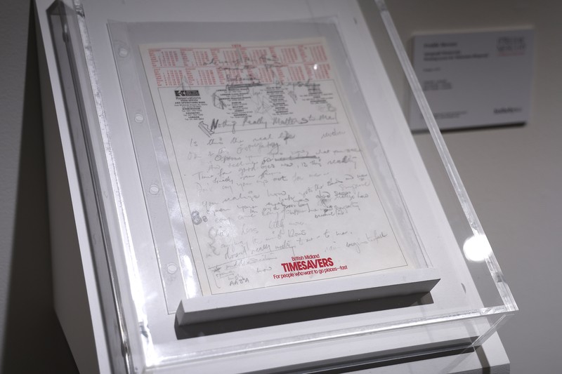 NEW YORK, NEW YORK - JUNE 01: A view of the sign and the MTV Music Award Moonman for Best Video from a Film from 1992 are seen at Sotheby's unveils Freddie Mercury's handwritten working lyrics at Sotheby's on June 01, 2023 in New York City. (Photo by John Lamparski/Getty Images)