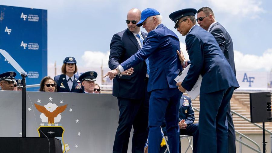 A cadet receives her diploma and shakes hands with President Joe Biden during the United States Air Force Academy graduation ceremony, Thursday, June 1, 2023, at Air force Academy, Colo. (AP Photo/John Leyba)