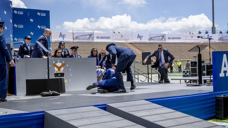 A cadet receives her diploma and shakes hands with President Joe Biden during the United States Air Force Academy graduation ceremony, Thursday, June 1, 2023, at Air force Academy, Colo. (AP Photo/John Leyba)