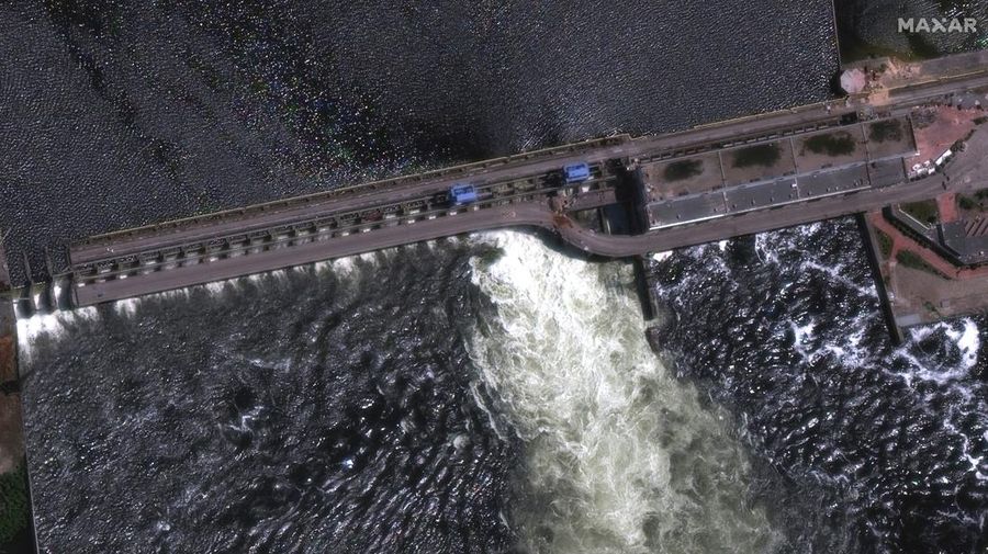 A satellite image shows Nova Kakhovka Dam in Kherson region, Ukraine June 5, 2023. Maxar Technologies/Handout via REUTERS    THIS IMAGE HAS BEEN SUPPLIED BY A THIRD PARTY.  NO RESALES. NO ARCHIVES. MUST NOT OBSCURE LOGO.