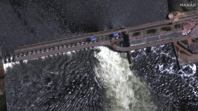 A satellite image shows Nova Kakhovka Dam in Kherson region, Ukraine June 5, 2023. Maxar Technologies/Handout via REUTERS    THIS IMAGE HAS BEEN SUPPLIED BY A THIRD PARTY.  NO RESALES. NO ARCHIVES. MUST NOT OBSCURE LOGO.