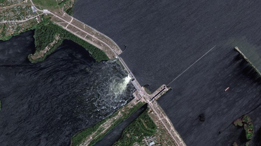 A satellite image shows Nova Kakhovka Dam in Kherson region, Ukraine June 5, 2023. Maxar Technologies/Handout via REUTERS    THIS IMAGE HAS BEEN SUPPLIED BY A THIRD PARTY.  NO RESALES. NO ARCHIVES. MUST NOT OBSCURE LOGO.