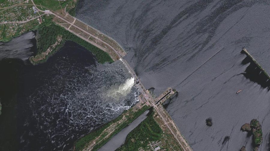 A satellite image shows Nova Kakhovka Dam in Kherson region, Ukraine June 5, 2023. Maxar Technologies/Handout via REUTERS    THIS IMAGE HAS BEEN SUPPLIED BY A THIRD PARTY.  NO RESALES. NO ARCHIVES. MUST NOT OBSCURE LOGO.