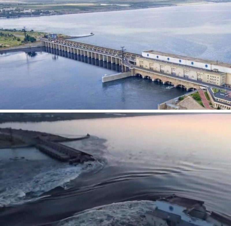 Kolase kondisi sebelum dan sesudah ledakan bendungan terbesar di Ukraina Khakovka. Kolase kondisi sebelum dan sesudah ledakan bendungan terbesar di Ukraina Khakovka. (Maxar Technologies/Getty Images dan Reuters)