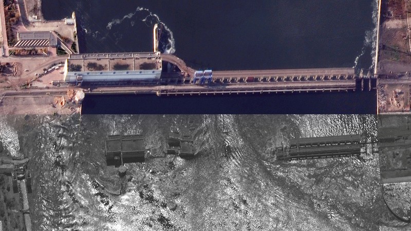 Kolase kondisi sebelum dan sesudah ledakan bendungan terbesar di Ukraina Khakovka. Kolase kondisi sebelum dan sesudah ledakan bendungan terbesar di Ukraina Khakovka. (Maxar Technologies/Getty Images dan Reuters)