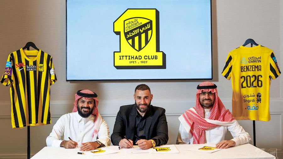 Karim Benzema signs with of Saudi Arabian soccer team Al Ittihad in this handout photo obtained by Reuters June 6, 2023.  Al Ittihad/Handout via REUTERS THIS IMAGE HAS BEEN SUPPLIED BY A THIRD PARTY. MANDATORY CREDIT