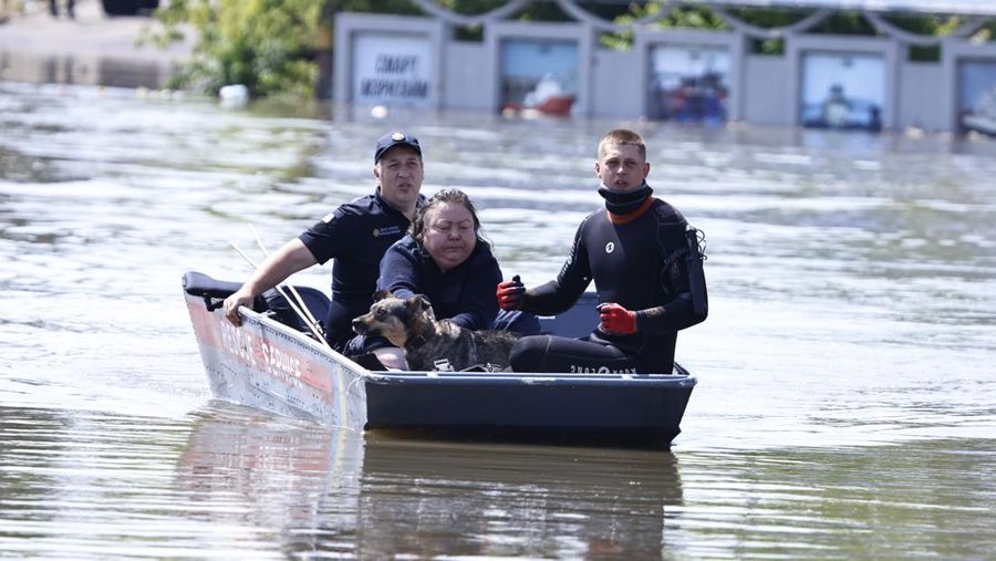Tim penyelamat mengevakuasi seorang wanita dengan anjingnya di daerah banjir kota pada 7 Juni 2023 di Kherson, Ukraina. Akibat rusaknya bendungan Kakhovka, sekitar 80 pemukiman, termasuk Kherson, terancam banjir. Pihak berwenang dan sukarelawan mulai mengevakuasi penduduk dari daerah berbahaya. (Yan Dobronosov/Global Images Ukraine via Getty Images)
