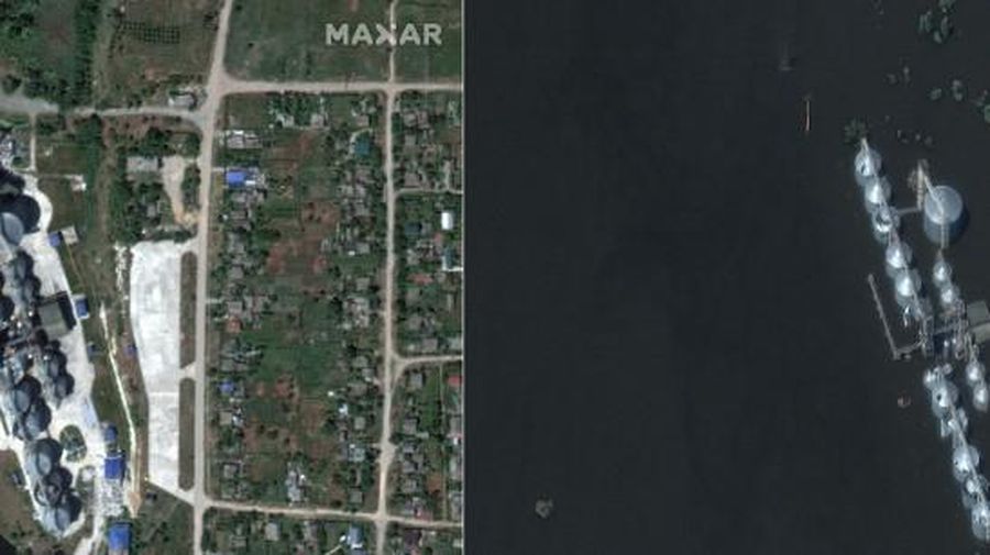 Gambar satelit selebaran milik Planet Labs PBC ini menunjukkan sungai Dnipro di Korsunka pada 5 Juni 2023, menyusul banjir yang meluas akibat kerusakan bendungan Kakhovka dan (kanan) gambar satelit selebaran ini milik Planet Labs PBC menunjukkan banjir di sungai Dnipro di Korsunka pada 6 Juni 2023, menyusul banjir yang meluas yang disebabkan oleh kerusakan bendungan Kakhovka.