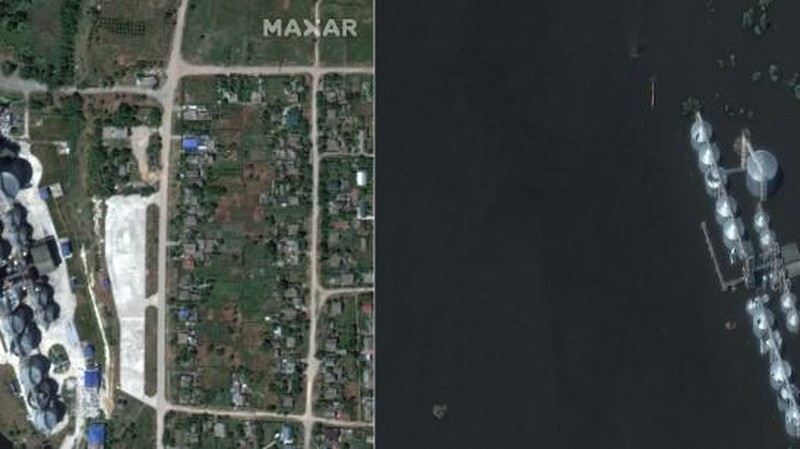 Gambar satelit selebaran milik Planet Labs PBC ini menunjukkan sungai Dnipro di Korsunka pada 5 Juni 2023, menyusul banjir yang meluas akibat kerusakan bendungan Kakhovka dan (kanan) gambar satelit selebaran ini milik Planet Labs PBC menunjukkan banjir di sungai Dnipro di Korsunka pada 6 Juni 2023, menyusul banjir yang meluas yang disebabkan oleh kerusakan bendungan Kakhovka.