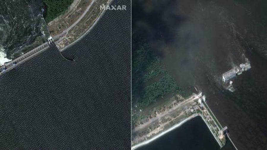 Gambar satelit selebaran milik Planet Labs PBC ini menunjukkan sungai Dnipro di Korsunka pada 5 Juni 2023, menyusul banjir yang meluas akibat kerusakan bendungan Kakhovka dan (kanan) gambar satelit selebaran ini milik Planet Labs PBC menunjukkan banjir di sungai Dnipro di Korsunka pada 6 Juni 2023, menyusul banjir yang meluas yang disebabkan oleh kerusakan bendungan Kakhovka. (AFP/-)