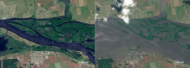 Gambar satelit selebaran milik Planet Labs PBC ini menunjukkan sungai Dnipro di Korsunka pada 5 Juni 2023, menyusul banjir yang meluas akibat kerusakan bendungan Kakhovka dan (kanan) gambar satelit selebaran ini milik Planet Labs PBC menunjukkan banjir di sungai Dnipro di Korsunka pada 6 Juni 2023, menyusul banjir yang meluas yang disebabkan oleh kerusakan bendungan Kakhovka. Gambar satelit selebaran milik Planet Labs PBC ini menunjukkan sungai Dnipro di Korsunka pada 5 Juni 2023, menyusul banjir yang meluas akibat kerusakan bendungan Kakhovka dan (kanan) gambar satelit selebaran ini milik Planet Labs PBC menunjukkan banjir di sungai Dnipro di Korsunka pada 6 Juni 2023, menyusul banjir yang meluas yang disebabkan oleh kerusakan bendungan Kakhovka.