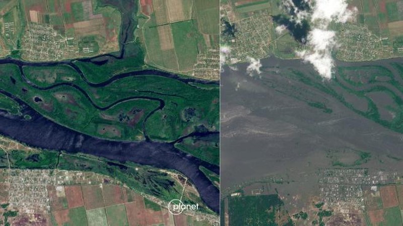 Gambar satelit selebaran milik Planet Labs PBC ini menunjukkan sungai Dnipro di Korsunka pada 5 Juni 2023, menyusul banjir yang meluas akibat kerusakan bendungan Kakhovka dan (kanan) gambar satelit selebaran ini milik Planet Labs PBC menunjukkan banjir di sungai Dnipro di Korsunka pada 6 Juni 2023, menyusul banjir yang meluas yang disebabkan oleh kerusakan bendungan Kakhovka.