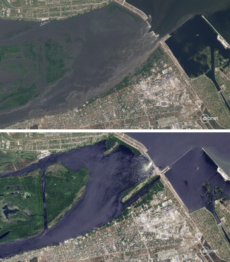 Gambar satelit selebaran milik Planet Labs PBC ini menunjukkan sungai Dnipro di Korsunka pada 5 Juni 2023, menyusul banjir yang meluas akibat kerusakan bendungan Kakhovka dan (kanan) gambar satelit selebaran ini milik Planet Labs PBC menunjukkan banjir di sungai Dnipro di Korsunka pada 6 Juni 2023, menyusul banjir yang meluas yang disebabkan oleh kerusakan bendungan Kakhovka. Gambar satelit selebaran milik Planet Labs PBC ini menunjukkan sungai Dnipro di Korsunka pada 5 Juni 2023, menyusul banjir yang meluas akibat kerusakan bendungan Kakhovka dan (kanan) gambar satelit selebaran ini milik Planet Labs PBC menunjukkan banjir di sungai Dnipro di Korsunka pada 6 Juni 2023, menyusul banjir yang meluas yang disebabkan oleh kerusakan bendungan Kakhovka.