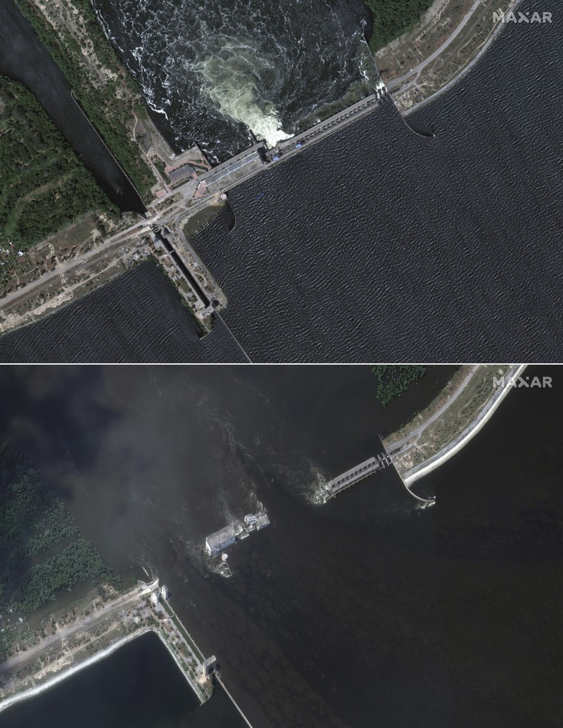 Gambar satelit selebaran milik Planet Labs PBC ini menunjukkan sungai Dnipro di Korsunka pada 5 Juni 2023, menyusul banjir yang meluas akibat kerusakan bendungan Kakhovka dan (kanan) gambar satelit selebaran ini milik Planet Labs PBC menunjukkan banjir di sungai Dnipro di Korsunka pada 6 Juni 2023, menyusul banjir yang meluas yang disebabkan oleh kerusakan bendungan Kakhovka. Gambar satelit selebaran milik Planet Labs PBC ini menunjukkan sungai Dnipro di Korsunka pada 5 Juni 2023, menyusul banjir yang meluas akibat kerusakan bendungan Kakhovka dan (kanan) gambar satelit selebaran ini milik Planet Labs PBC menunjukkan banjir di sungai Dnipro di Korsunka pada 6 Juni 2023, menyusul banjir yang meluas yang disebabkan oleh kerusakan bendungan Kakhovka.