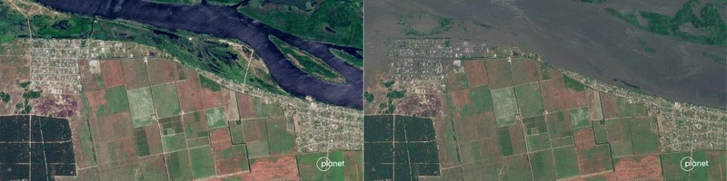 Gambar satelit selebaran milik Planet Labs PBC ini menunjukkan sungai Dnipro di Korsunka pada 5 Juni 2023, menyusul banjir yang meluas akibat kerusakan bendungan Kakhovka dan (kanan) gambar satelit selebaran ini milik Planet Labs PBC menunjukkan banjir di sungai Dnipro di Korsunka pada 6 Juni 2023, menyusul banjir yang meluas yang disebabkan oleh kerusakan bendungan Kakhovka. Gambar satelit selebaran milik Planet Labs PBC ini menunjukkan sungai Dnipro di Korsunka pada 5 Juni 2023, menyusul banjir yang meluas akibat kerusakan bendungan Kakhovka dan (kanan) gambar satelit selebaran ini milik Planet Labs PBC menunjukkan banjir di sungai Dnipro di Korsunka pada 6 Juni 2023, menyusul banjir yang meluas yang disebabkan oleh kerusakan bendungan Kakhovka.