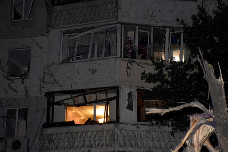 A view shows an apartment building damaged during a massive Russian drone strike, amid Russia's attack on Ukraine, in Odesa, Ukraine June 10, 2023. Press Service of the Operational Command South of the Ukrainian Armed Forces/Handout via REUTERS ATTENTION EDITORS - THIS IMAGE HAS BEEN SUPPLIED BY A THIRD PARTY.